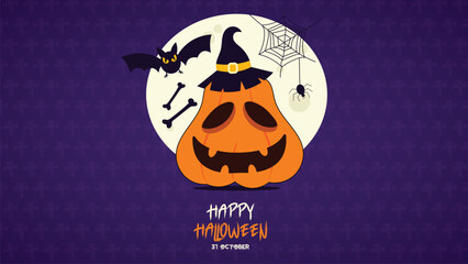 Halloween Party invitation, greeting card, or Sale poster Set with calligraphy, cutest pumpkins, moon, bats, candy in night clouds. Design template for advertising, web, social media. Paper cut style