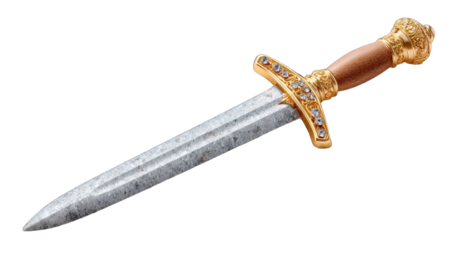 Ornate Medieval Knights Sword with Jeweled Hilt and Sparkling Blade Isolated on Black Background