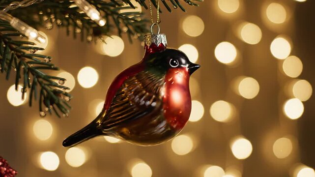 A charming ornament of a bird hangs gracefully from a tree branch. Soft, warm lights shimmer in the background, creating a cozy holiday atmosphere filled with joy and nostalgia.
