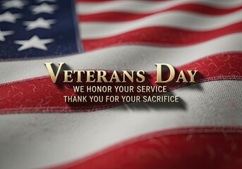 Photo of a veterans day tribute with a golden text overlay on the american flag, honoring service and sacrifice with a heartfelt message