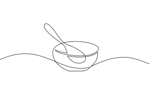 One-line drawing of a soup bowl with spoon