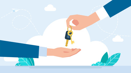Two hands holding a keys.
Hand giving keys to customer. Businessman in suit giving key. Mortgage, credit, dealing or property concept. Sale and rent of apartment or car. Buying. Vector illustration