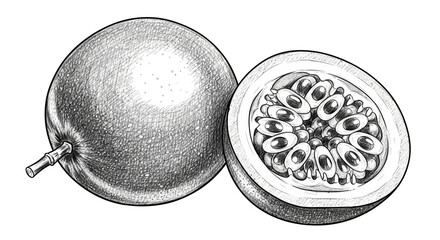 Detailed botanical illustration showcasing passion fruit halves in monochrome