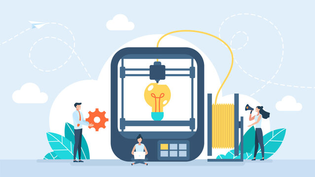 3D Printing Technology Concept. Characters and Computer. Engineer prints on 3d printer. 3D Printing technology, Prototyping Industry, Professional equipment for advertising agency. Vector illustration