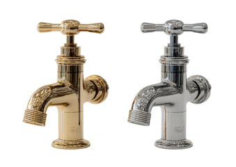 Two vintage-style faucets, one gold and one silver, side-by-side, isolated on a transparent background