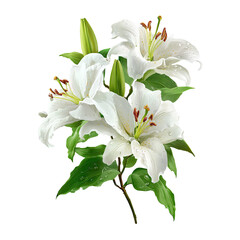 Close-up of elegant white lilies, wet with droplets, against a stark black background