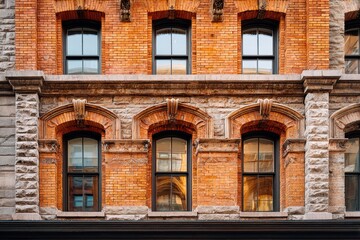 Fototapeta premium Ornate windows on a vintage brick facade