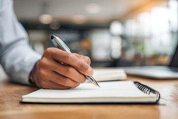 Close-up of man hand using writing pen memo on notebook paper or letter, diary on table desk office. Workplace for student, writer with copy space. business working and learning education concept.