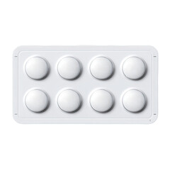 Rectangular blister pack with eight white pills arranged in two rows of four, on a black background