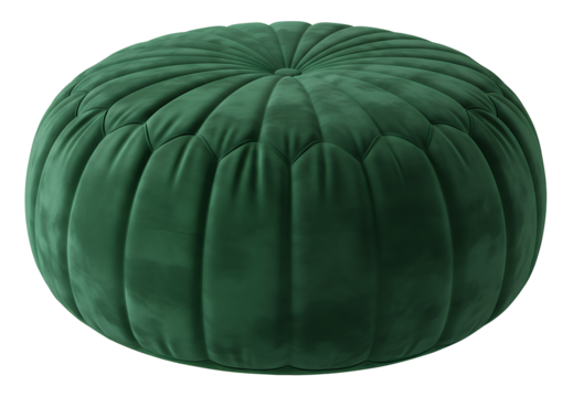 A luxurious green velvet pouf isolated on transparent background, providing a stylish and comfortable seating option for any living space, adding a touch of elegance