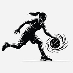 Fototapeta premium Dynamic action silhouette of a female basketball player dribbling the ball. Stylized vector graphic of a woman athlete in motion