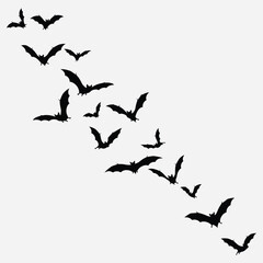 Dynamic silhouette illustration of a flock of flying bats, perfect for eerie and nocturnal-themed designs, evoking Halloween and spooky atmospheres