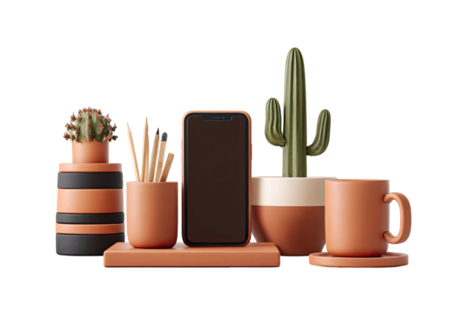 A still life of digitally rendered office items like cacti, pens, a phone, & a mug on a black background