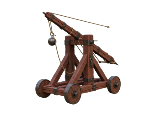 Isolated medieval trebuchet, an ancient siege engine with wheels used for throwing projectiles