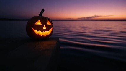 A carved Halloween pumpkin with a smiling face sits on a dock by the water at sunset. The sky displays vibrant colors as night approaches. - Powered by Adobe