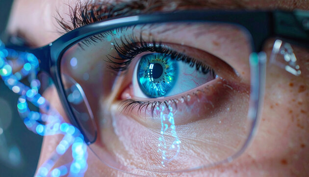 Vision of the Future: An extreme close-up of a captivating eye wearing spectacles, where science and the human form intertwine, illuminated by futuristic genetic data.