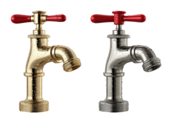 Two detailed water faucets, one gold and one silver, each with a red handle, set against black