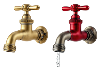 Two antique faucets, one gold, the other red, with water dripping from the red one
