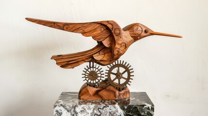 Intricate Wooden Hummingbird Sculpture Adorned with Exposed Clockwork Gears, Resting on a Sleek Marble Base—Blending Rustic Craftsmanship with Steampunk Style for Decor or Art Visuals.