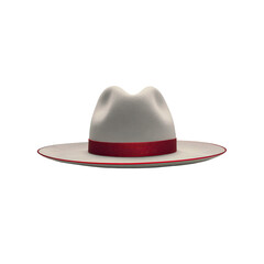 Rendered, close-up of a light gray fedora with a red band and trim, set against black