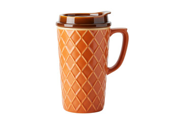 Isolated Orange Travel Mug with Brown Lid for Hot Beverages, Refreshments, Tea, and Coffee