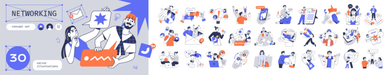 Concept set of social networks. Communication in business team and online remote work. People have contacts, talk by texting and video call. Flat isolated vector illustrations on white background