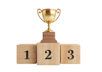 Golden trophy on a wooden podium with three numbered blocks, isolated on black