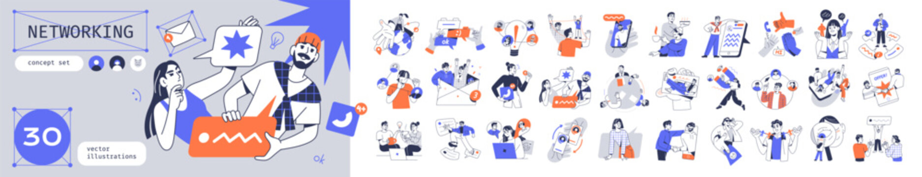 Concept set of social networks. Communication in business team and online remote work. People have contacts, talk by texting and video call. Flat isolated vector illustrations on white background