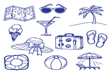 summer vacation and travel doodle icons vector set, hand-drawn beach holiday elements collection in blue ink.
