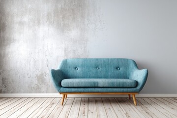 Teal sofa with wooden legs sits before a textured wall and floor.