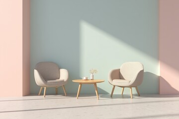 Stylish interior with two cozy chairs and a wooden table under soft natural light in a bright room