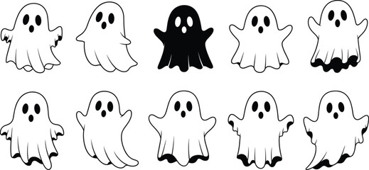 Ghost character silhouette set, cartoon-style vector icons with unique black figure, isolated clipart for Halloween, spooky, mystery, emotion, design, decor