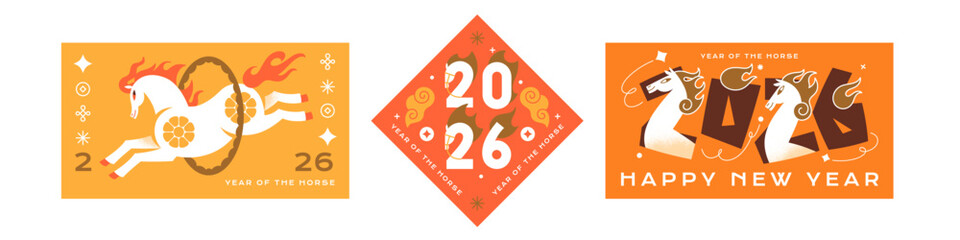 Set of greeting cards designs with New Year 2026 symbol. Templates of postcards with fire horses. Posters layouts with mascot of zodiac sign of Chinese lunar horoscope. Flat vector illustrations