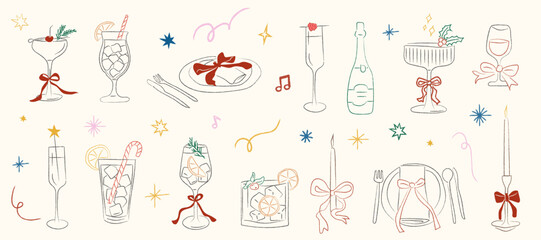 Christmas cocktail collection with festive drinks, champagne glasses, and holiday decorations. Cozy bar scene with doodle style illustrations of cocktails, wine, and celebration. Vector illustration. © millering