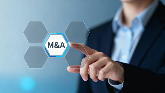 Business takeover concept with professional hand touching M&A icon on virtual screen for corporate strategy