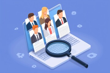 Searching for candidates in an online recruitment process with resumes displayed on a laptop screen