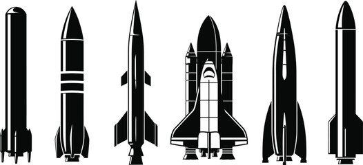 Rocket silhouette set, black vector icons of spacecraft and shuttle designs, isolated clipart for space, launch, technology, aerospace, science, concept
