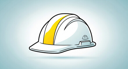 Illustration of a white construction helmet with a yellow stripe on a light blue gradient background