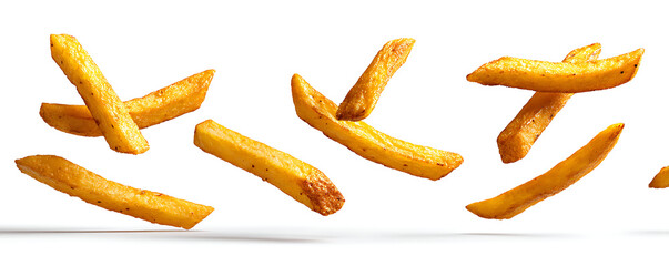 Golden fried potato fries floating on white background for menu design