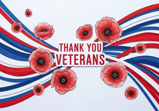 Photo of thank you veterans design with poppy flowers and red, white, and blue waves, expressing gratitude and appreciation for military service