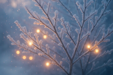 Obraz premium A close-up of frosty tree branches dusted with snow, adorned with glowing Christmas lights. The soft illumination contrasts beautifully with the icy landscape, creating a serene and enchanting winter 