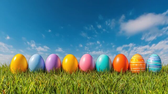 Colorful Easter eggs in a grassy field against a vibrant blue sky