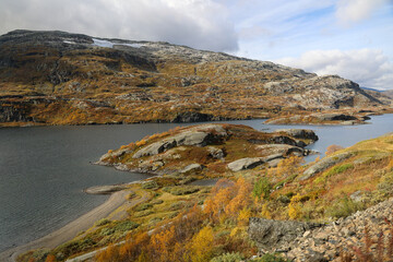 mountain and lake landscape  along the scenic railway track between Oslo and Bergen