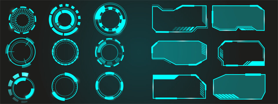 Futuristic neon round and square frames set. Tech game ui, gui, fui frames collection. Glowing neon semitransparent blue frames and lines on dark background. Vector User  gaming design elements