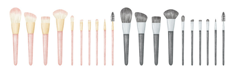 水彩画風のピンク色と黒色のメイクブラシのイラストセット