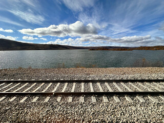 tracks in front landscape along the most scenical railway between Oslo and Bergen