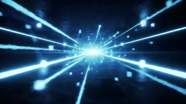 Immersive first-person POV video through a futuristic digital tunnel, a high-tech data highway with vibrant electric blue glowing lines, motion blur. Tron-esque hyper-speed progression concept