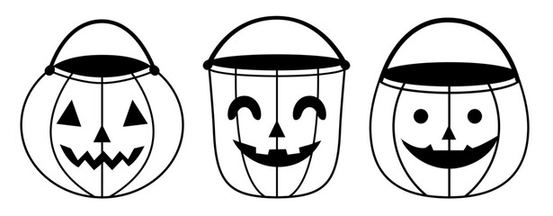 Set of three Halloween pumpkin buckets with different funny and spooky faces. Black and white minimalist line design perfect for Halloween decorations, stickers, coloring pages, party invitations and