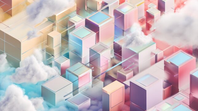 Isometric abstract cityscape with pastel colored buildings and clouds architecture background