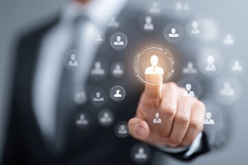 Business professional interacts with digital user network interface in modern office setting during work hours